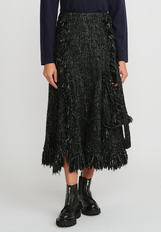 Sacai Wool Fringed Tweed Skirt in Black & White	