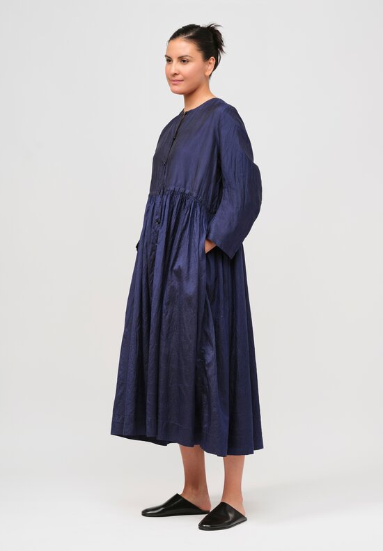 Christian Peau Silk Gathered Waist Dress in Dark Blue