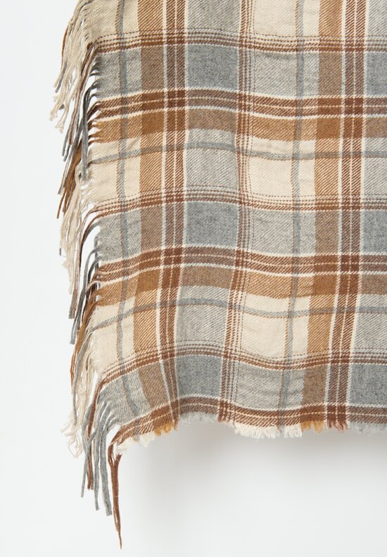 The House of Lyria Linen and Wool Plaid Pensionato Scarf in Natural, Grey & Brown
