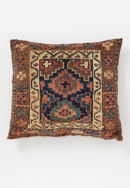 Antique & Vintage Persian Kurdish Rug Pillow in Brown, Blue & Ivory	