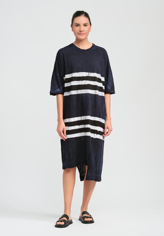 Gilda Midani Pattern Dyed Short Sleeve Super Dress in Dress Blue, Black & White Stripes