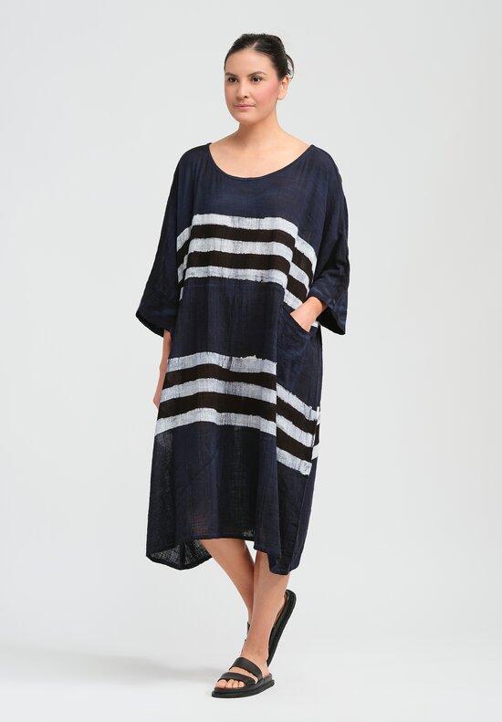 Gilda Midani Pattern Dyed Cotton Bucket Dress in Dress Blue, Black & White Stripes