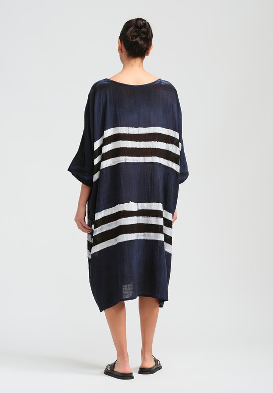 Gilda Midani Pattern Dyed Cotton Bucket Dress in Dress Blue, Black & White Stripes