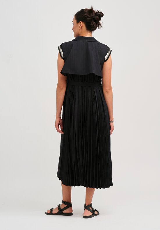 Sacai Pleated Waistcoat Dress in Black Chalk Stripe	