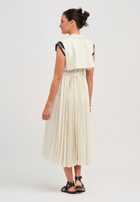 Sacai Pleated Waistcoat Dress in White Chalk Stripe	