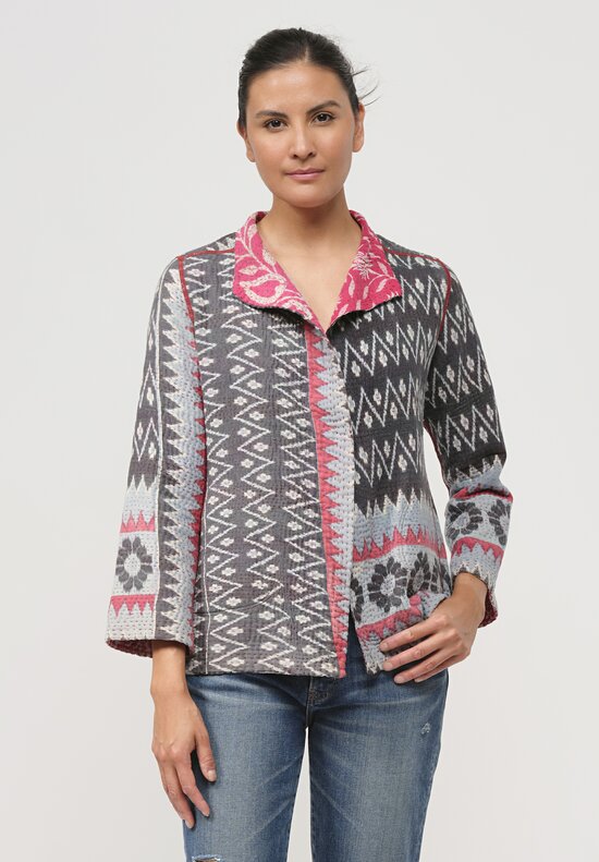 Mieko Mintz 4-Layer Vintage Cotton Kantha Short Jacket in Grey & Pink Floral	
