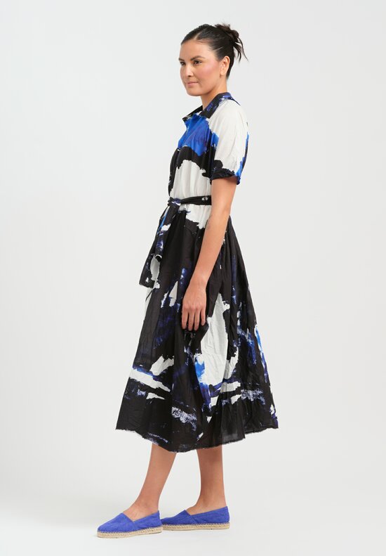 Daniela Gregis Washed Cotton Printed Manichina Dress in Isole Drawing Blue	