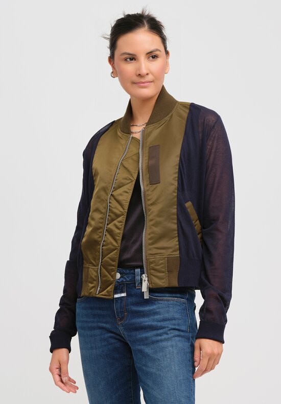 Sacai Cotton Knit Bomber Jacket in Blue & Olive Green	