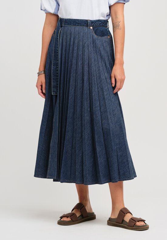 Sacai Pleated Denim Wrap Skirt in Indigo Blue	