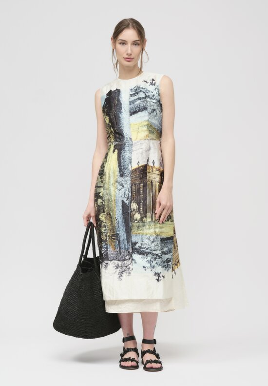 Erdem Sleeveless Printed Pleated Cocktail Dress in Parchment	