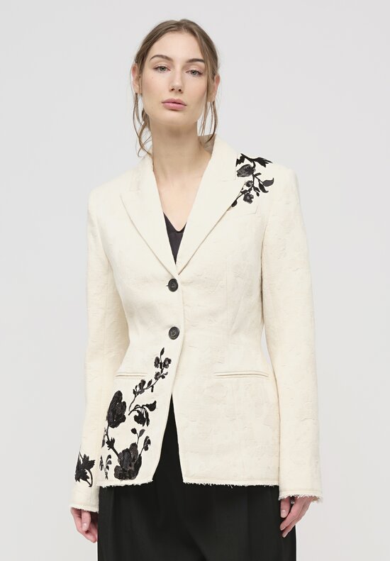 Erdem Cotton Floral Embroidery Peplum Blazer Jacket in Ecru	
