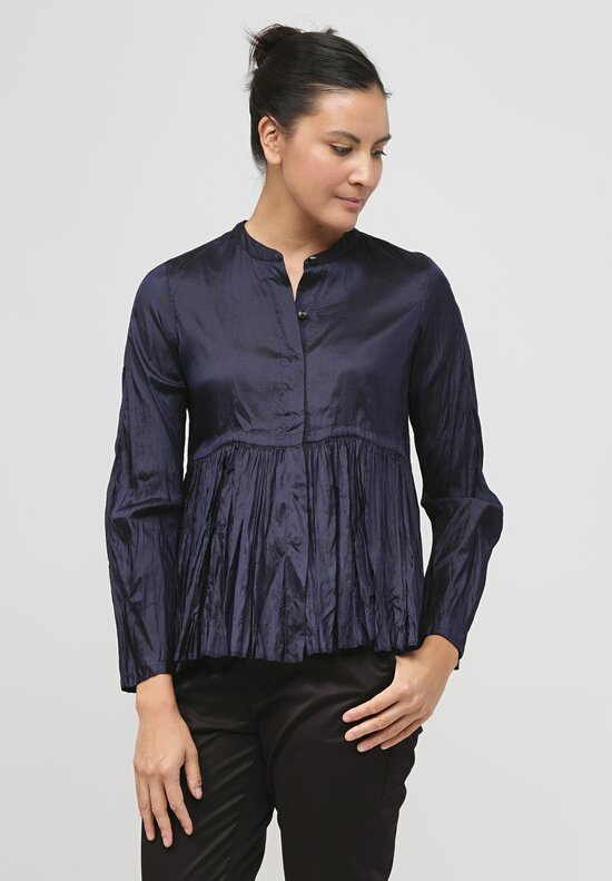 Christian Peau Gathered Silk Top in Navy Blue