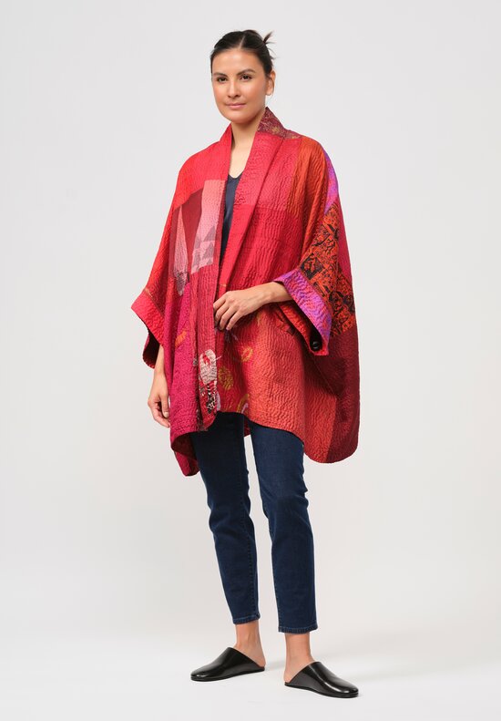 Mieko Mintz 2-Layer Vintage Silk Georgette Kantha Double Collar Poncho in Red, Orange & Purple	