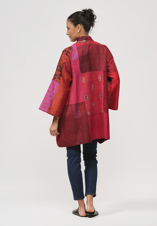 Mieko Mintz Silk Jacquard Kantha Jacket in Red, Black & Purple	