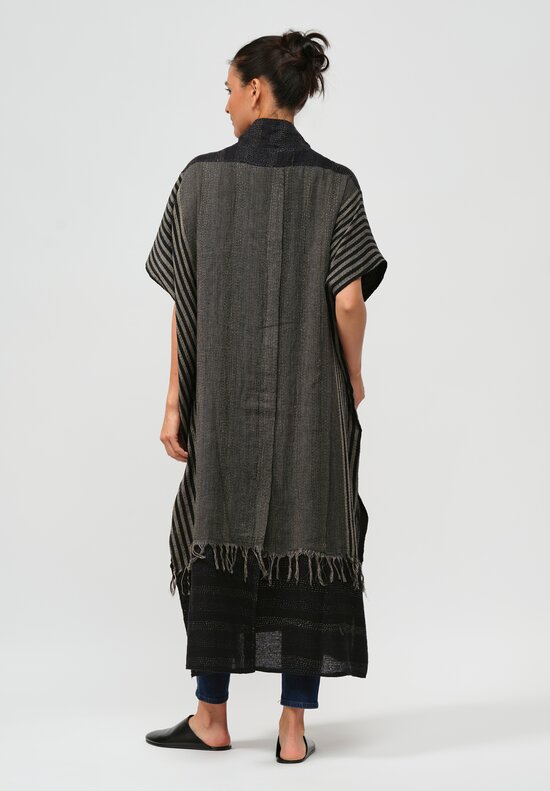 Mieko Mintz Cotton Handloom Kantha Poncho Dress in Black & Grey	