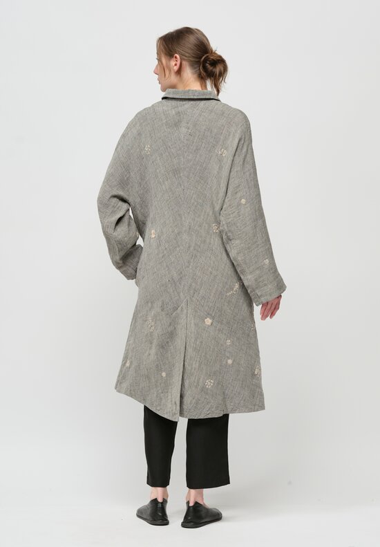 AODress Handloom Linen Purana Embellished Soutien Collar Coat in Natural Grey	