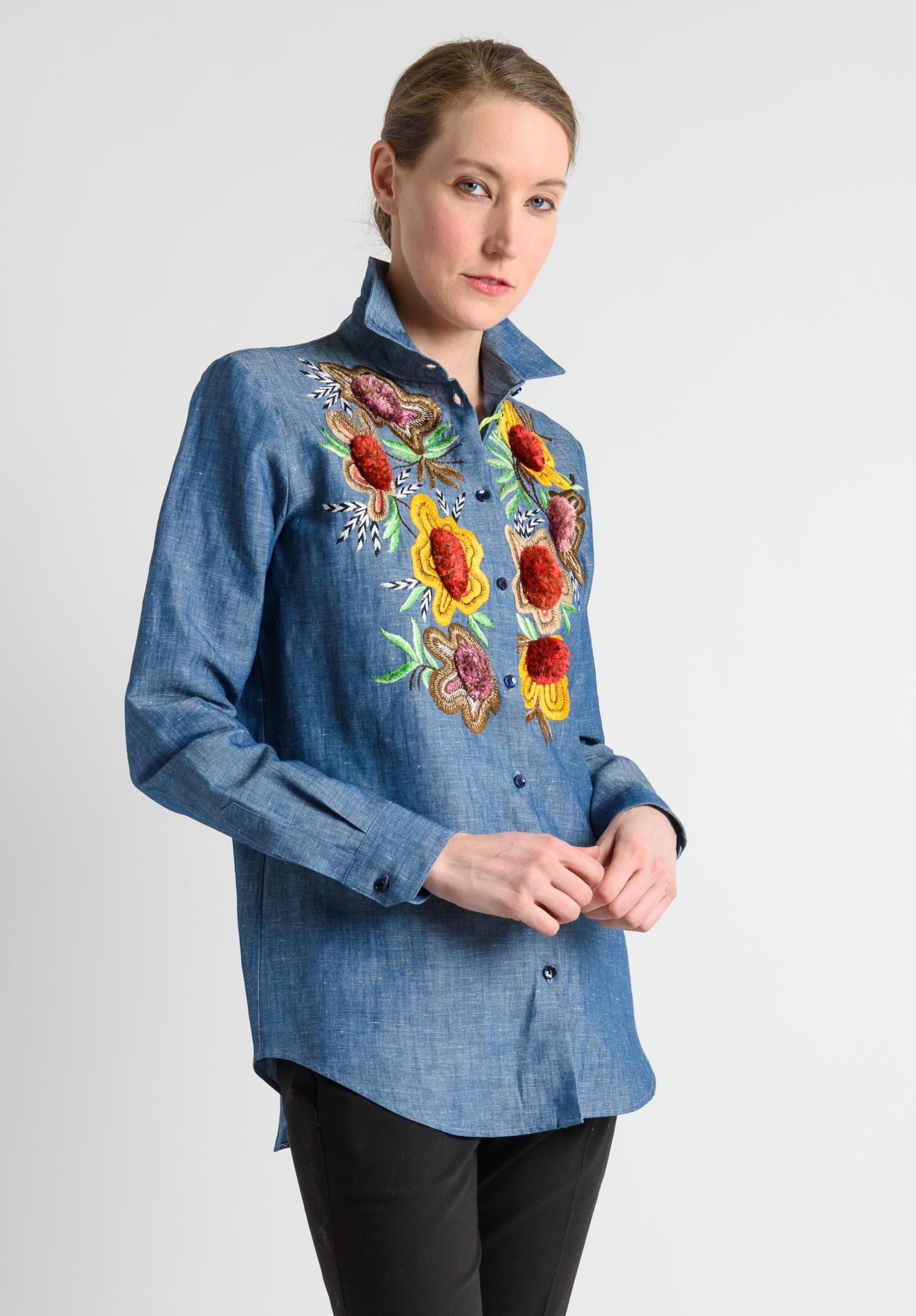 Etro Denim Hand Embroidered Floral Button Down Shirt in Denim Blue ...