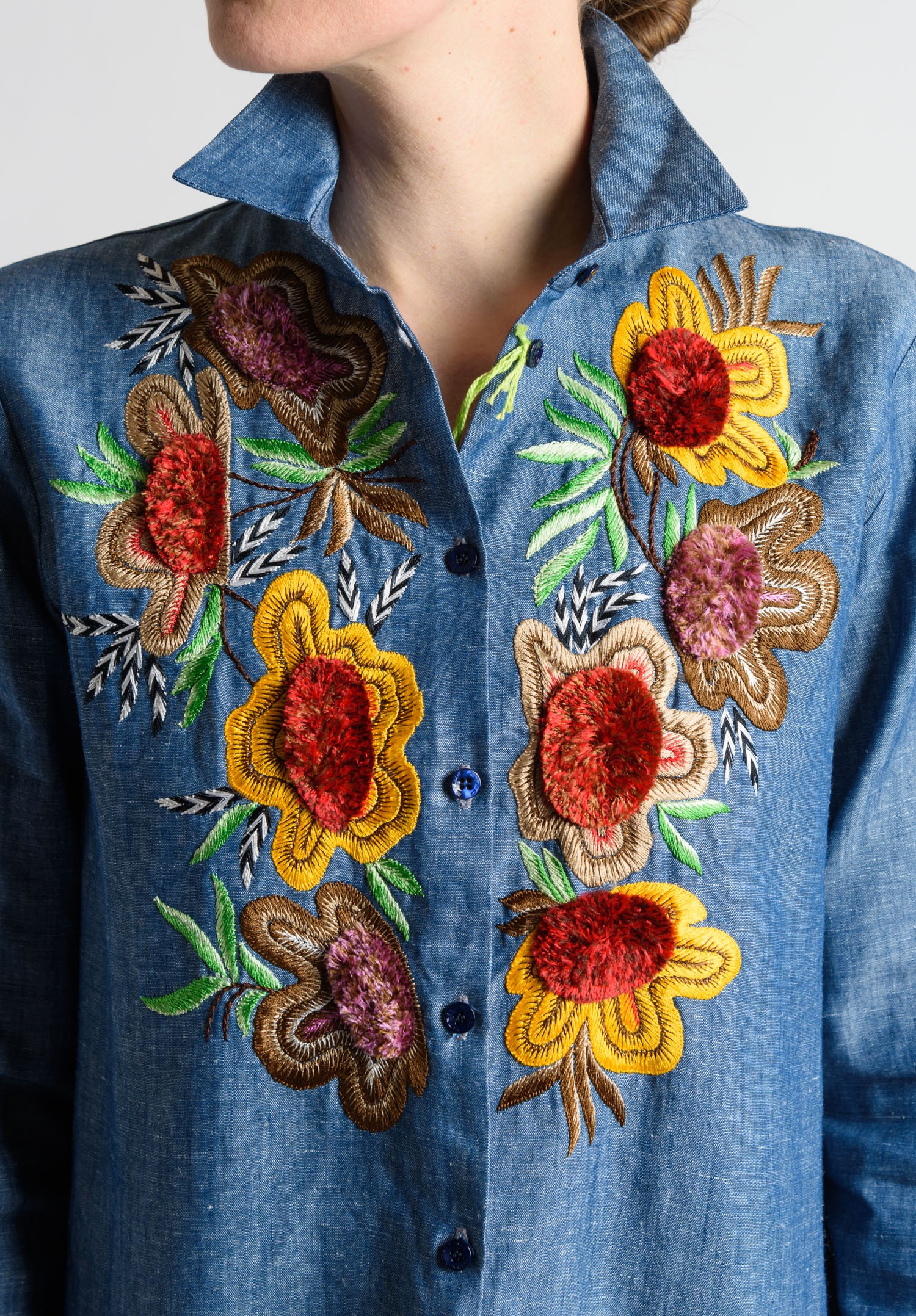 Etro Denim Hand Embroidered Floral Button Down Shirt in Denim Blue ...