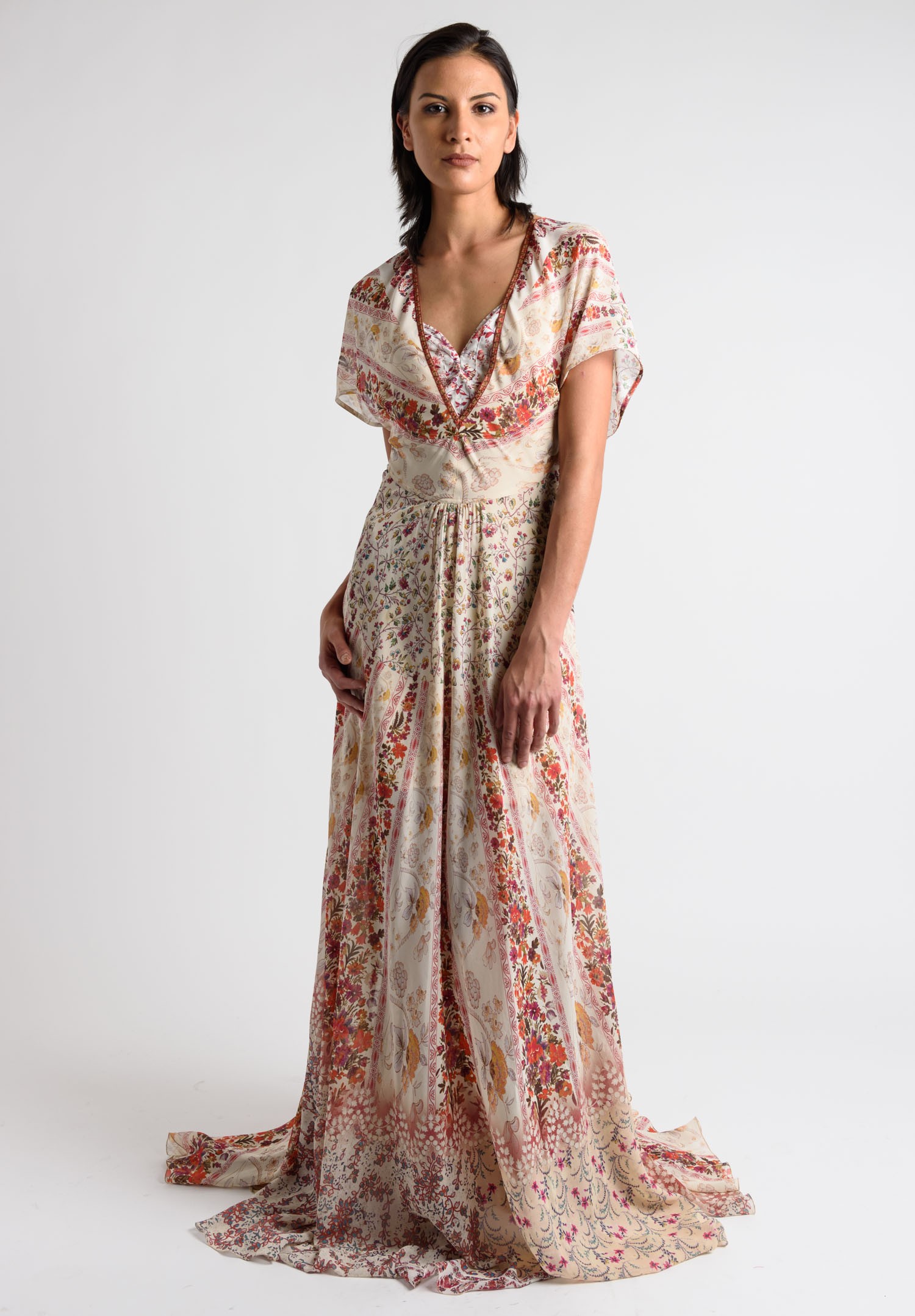 Etro Runway Silk Long Floral Dress with Floral Bra in Cream | Santa Fe ...