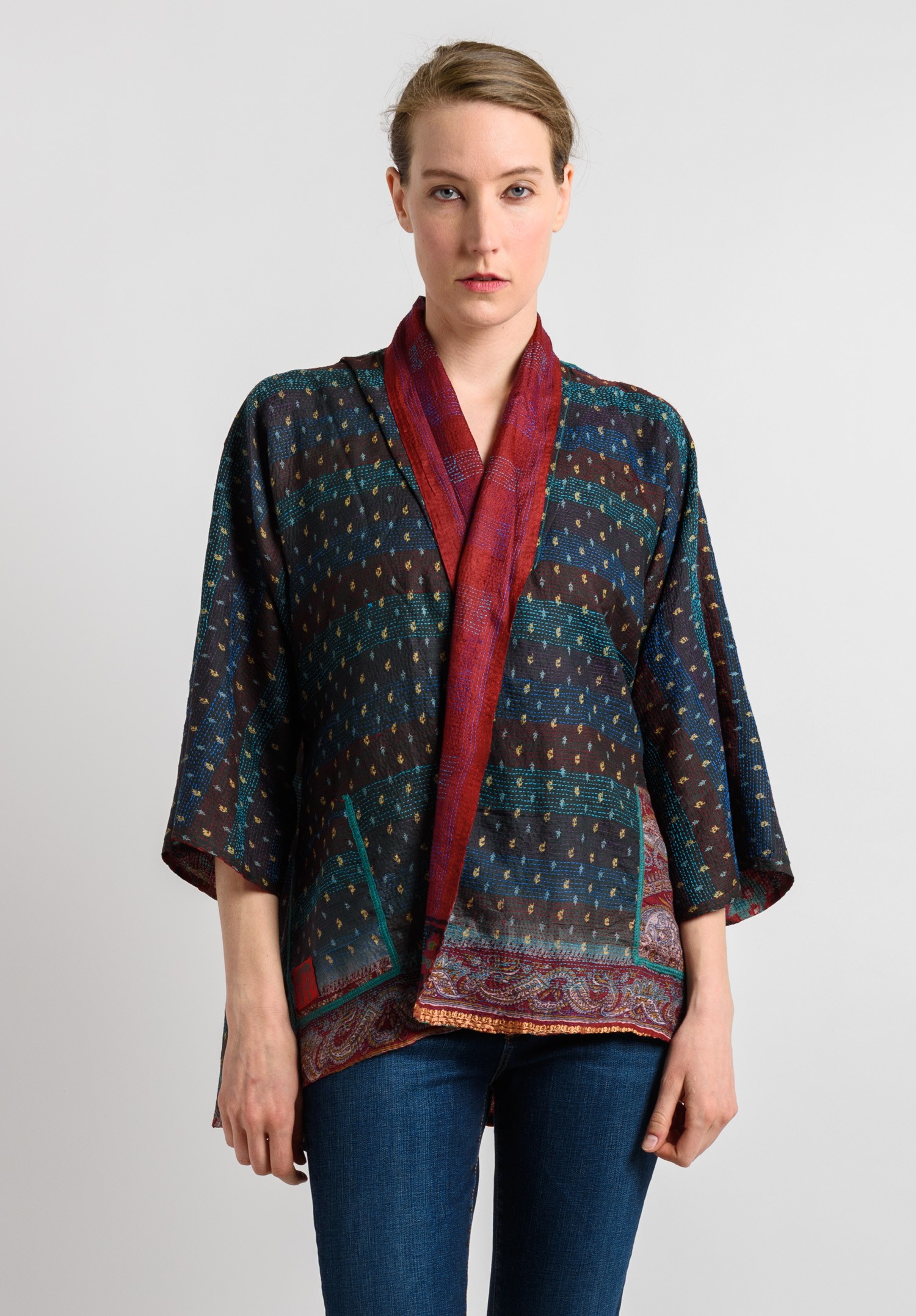 Mieko Mintz Reversible Silk Kimono Jacket in Navy/Red | Santa Fe Dry ...