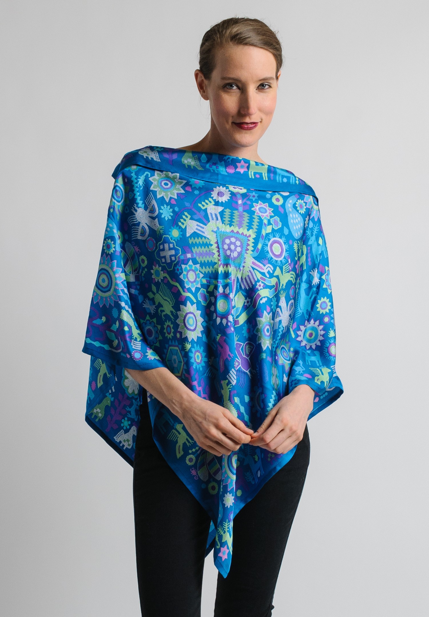 Pineda Covalin Huichol Spirit Silk Poncho in Teal | Santa Fe Dry Goods ...