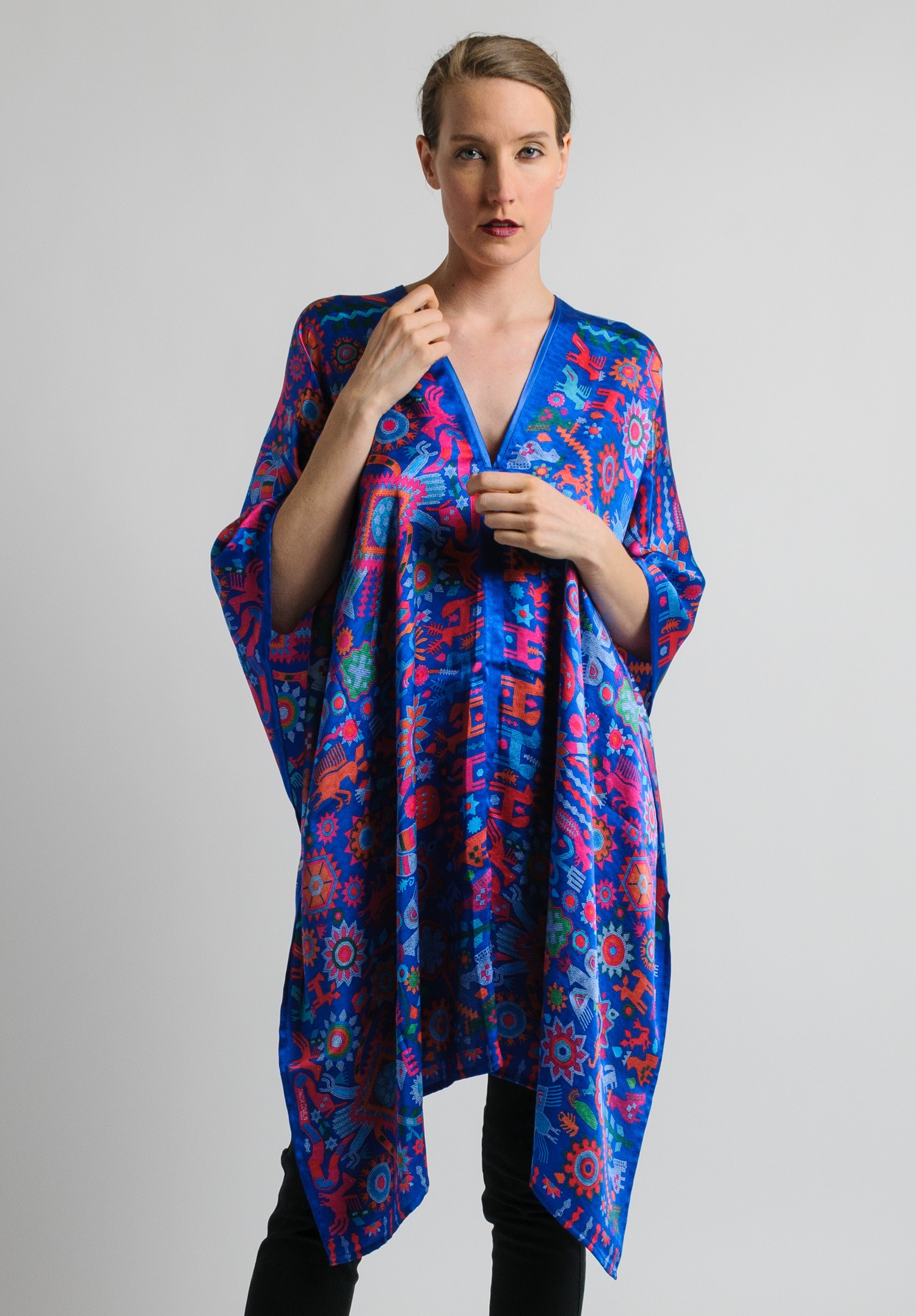 Pineda Covalin Huichol Spirit Silk V-Neck Poncho in Blue | Santa Fe Dry ...