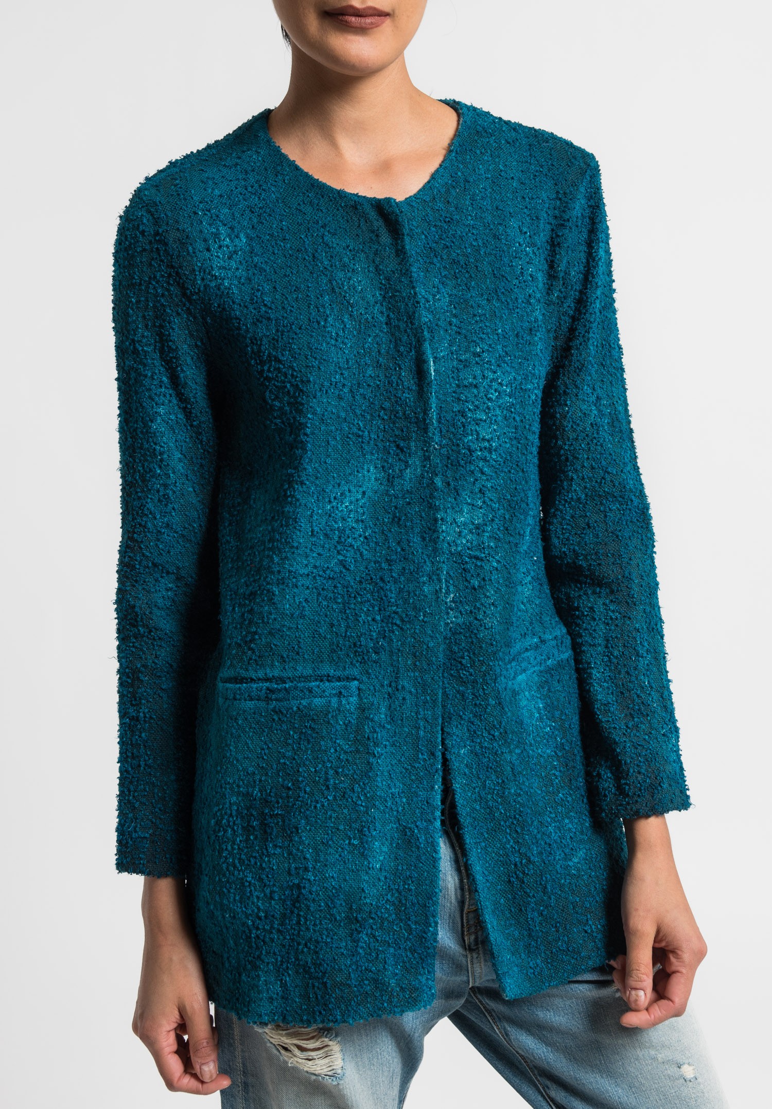 Avant Toi Linen/Cotton Boucle Collarless Jacket in Turquoise | Santa Fe ...