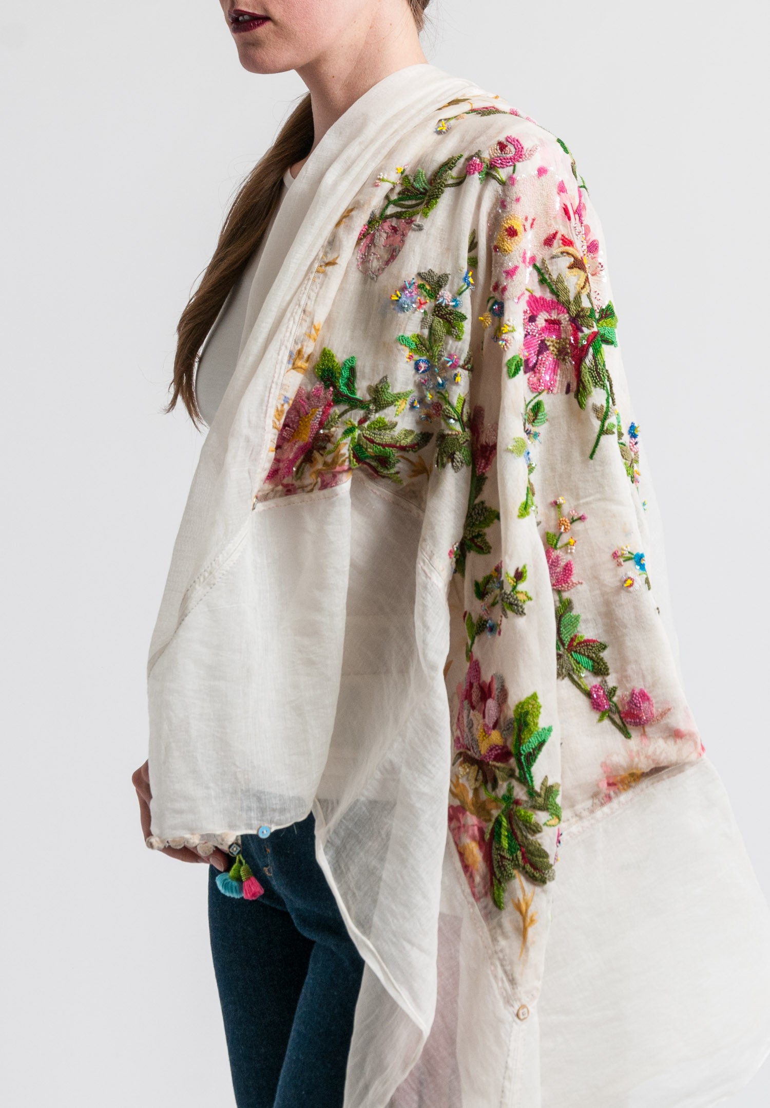 Pero Cottonsilk Embroidered Rumal Scarf In Cream Santa Fe Dry Goods