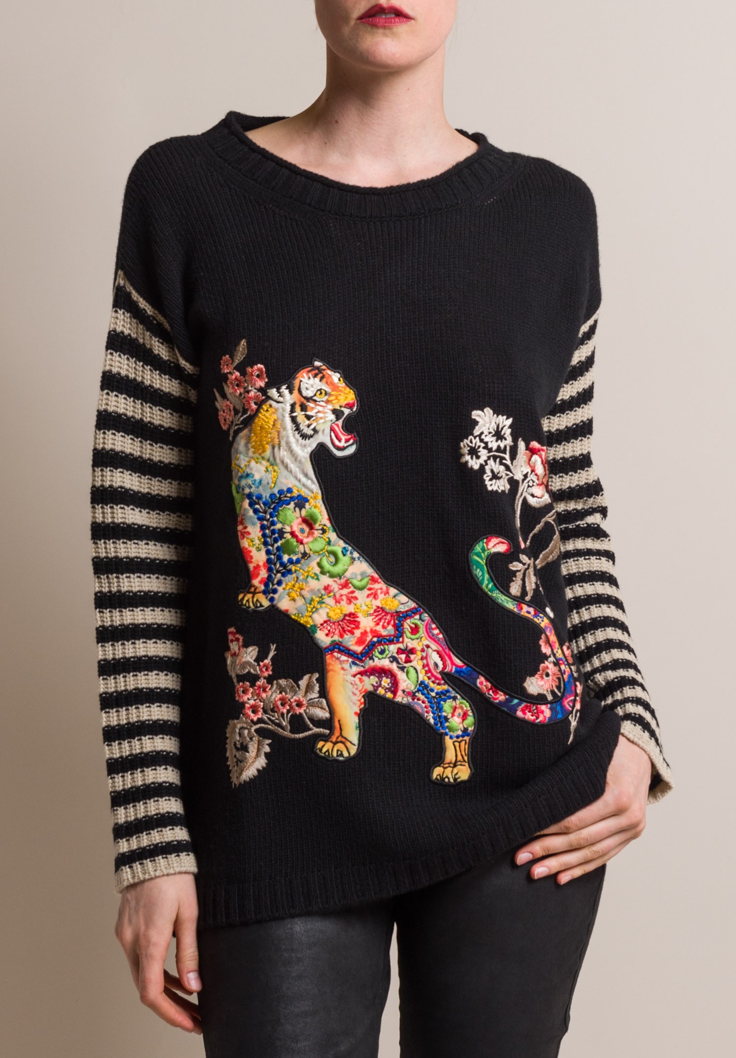 Etro Wool Tiger Embroidered Sweater in Black Santa Fe Dry Goods