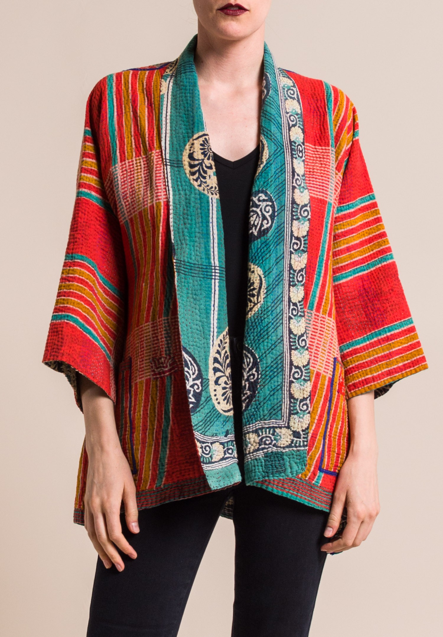 Mieko Mintz 4-Layer Vintage Cotton Kimono Jacket in Orange/Teal ...