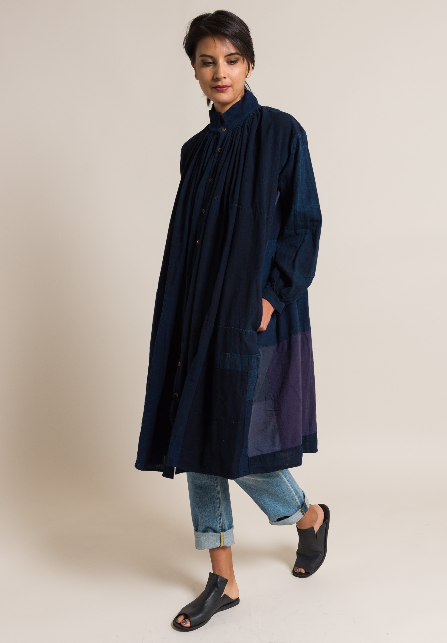 Kaval Japanese Antique Cotton & Linen Indigo Gathered Shirt Dress ...