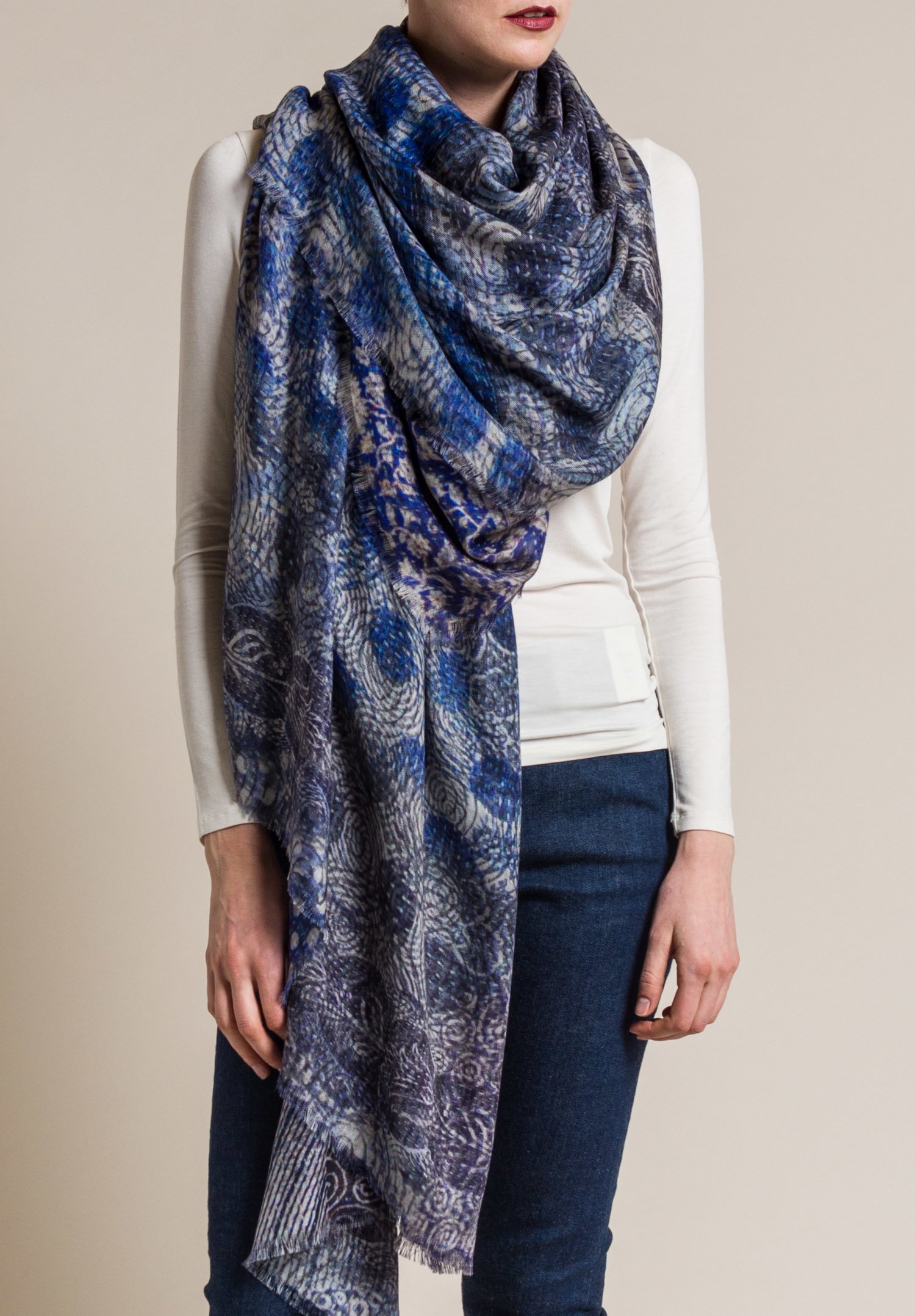 Alonpi Cashmere Cashmere/Silk Printed Scarf in Quilt Blue | Santa Fe ...