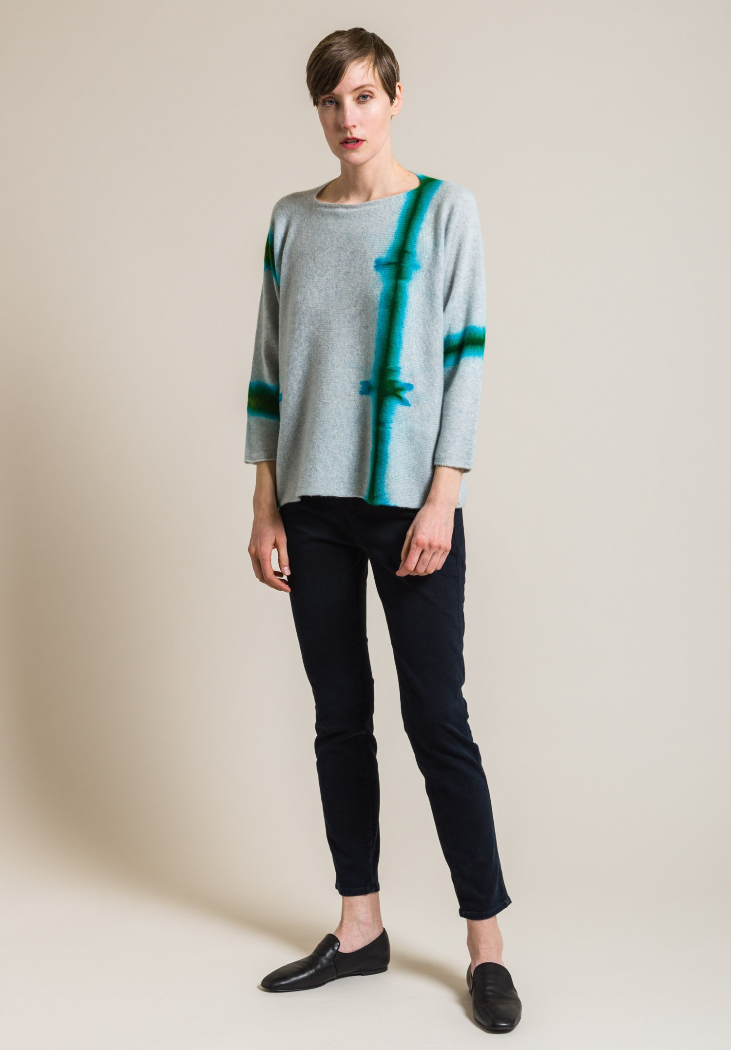 Suzusan Cashmere Sekka Shibori Sweater in Emerald/Light Grey | Santa Fe ...