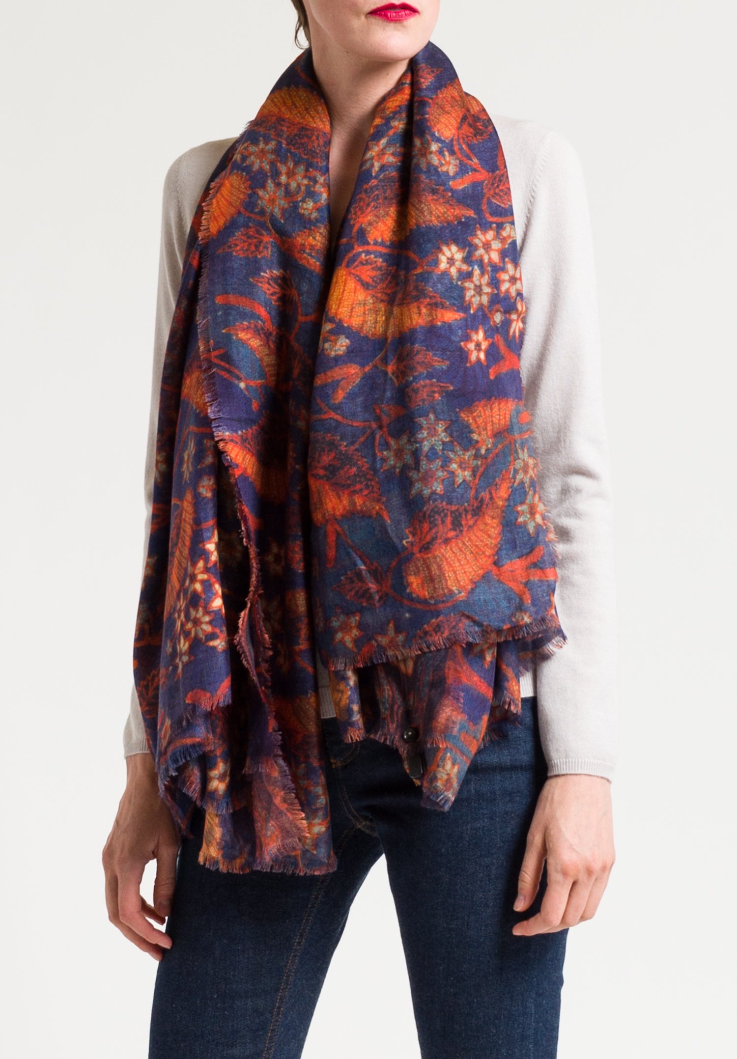 Alonpi Cashmere Printed Scarf in Folk Navy/ Orange | Santa Fe Dry Goods ...