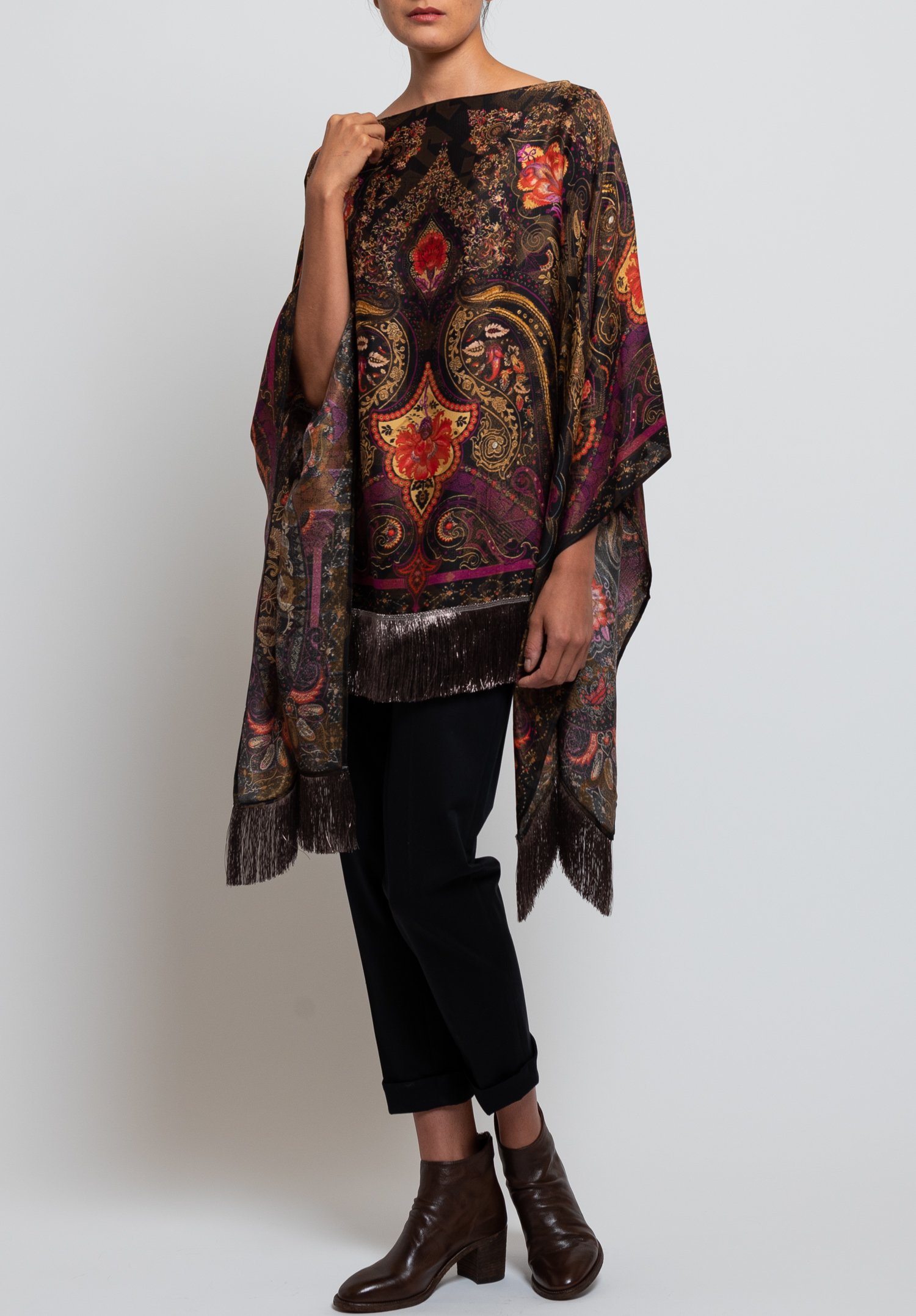 Etro Paisley & Floral Fringe Poncho In Black | Santa Fe Dry Goods ...