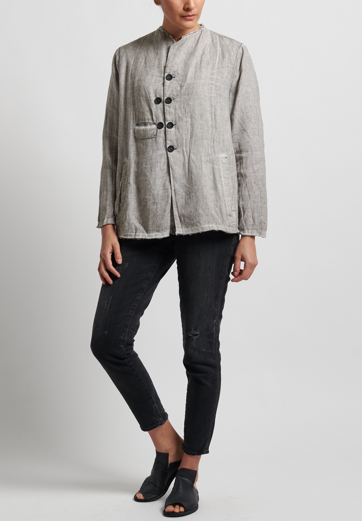 Umit Unal Linen Collarless Frayed Edge Jacket in Medium Grey Santa Fe