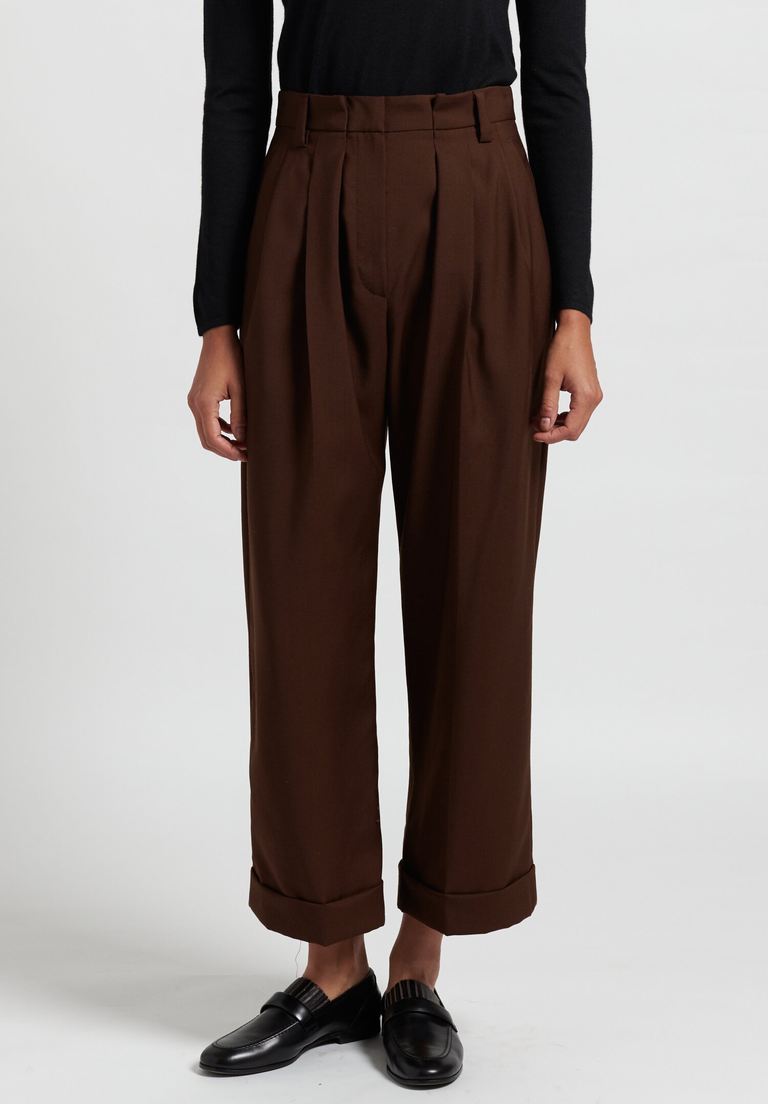 Brunello Cucinelli Cropped Wide Leg Pleated Pants in Mahogany | Santa ...