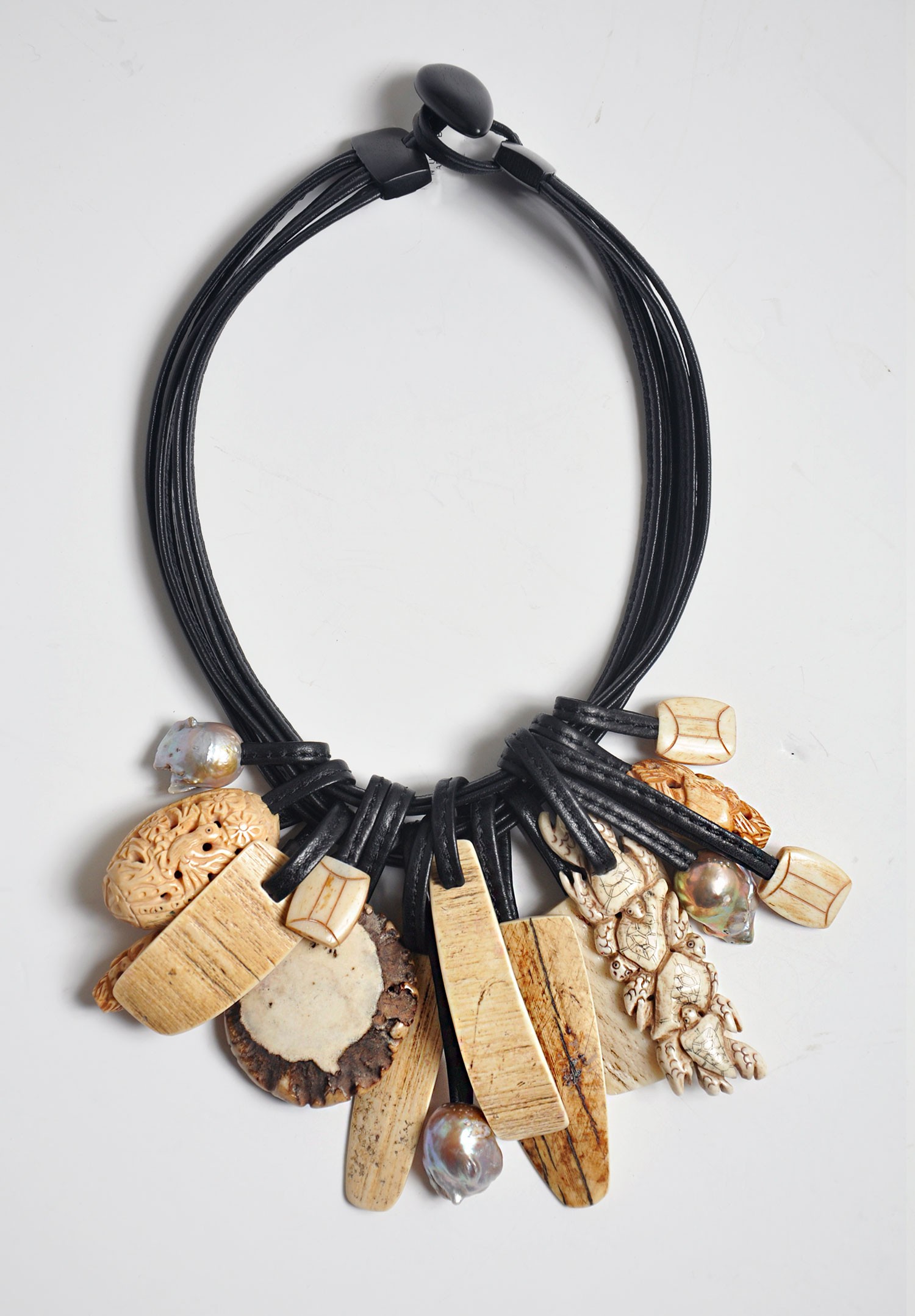 Monies Carved Bone, Mammoth Bone, Antler, Ebony & Pearl Necklace