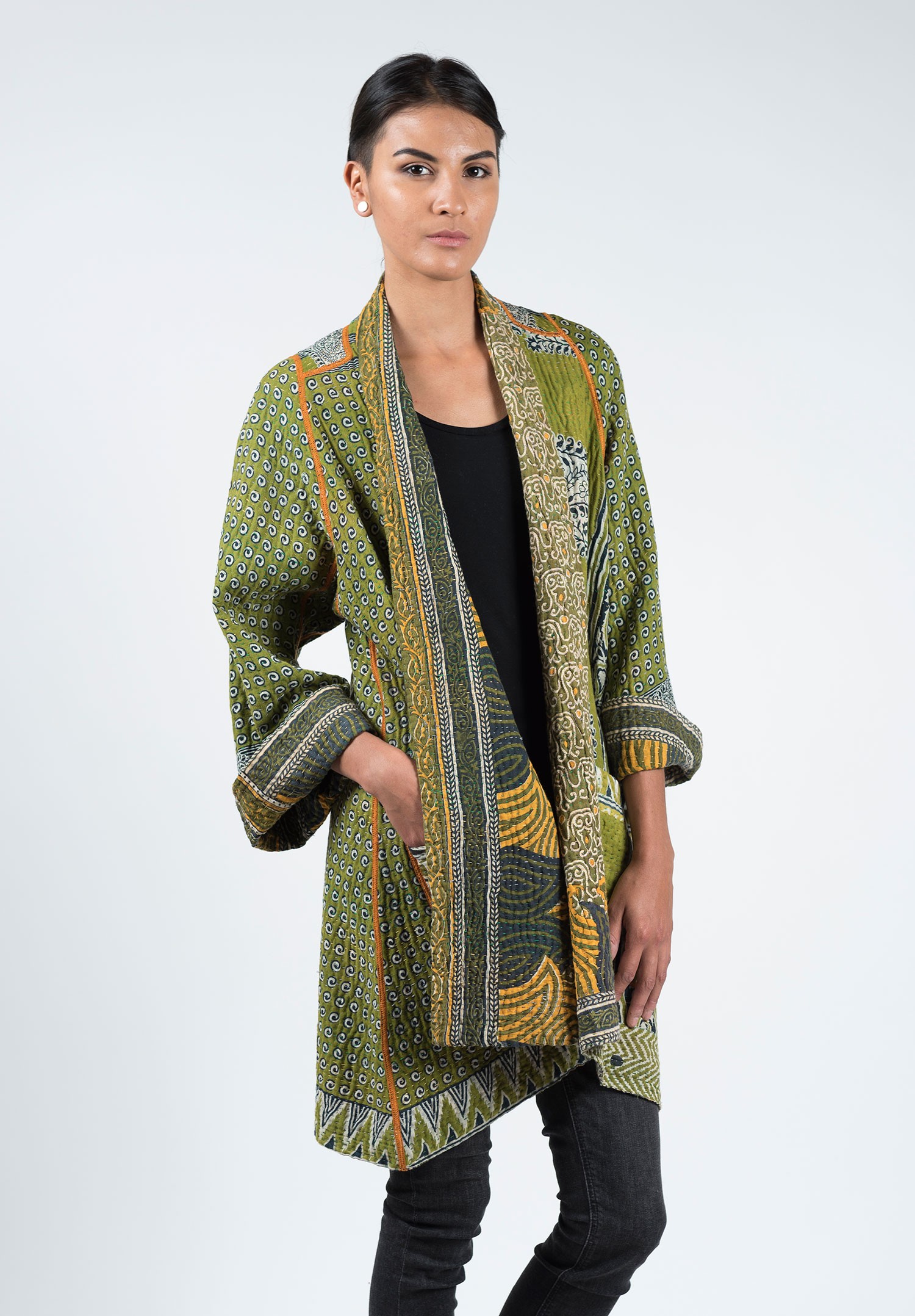 Mieko Mintz Intricate/Ornamental Patterned A-Line Kantha Jacket in ...