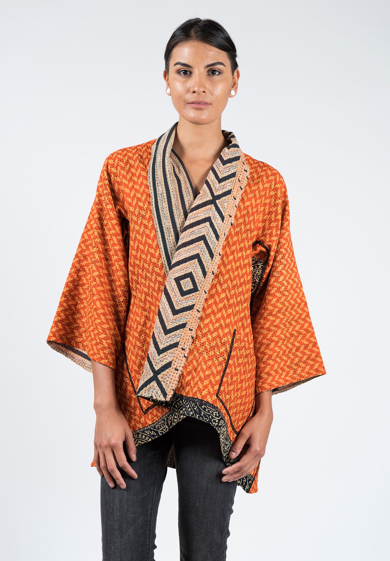 Mieko Mintz Line Patterned Double Layer Kimono Kantha Jacket in Orange ...