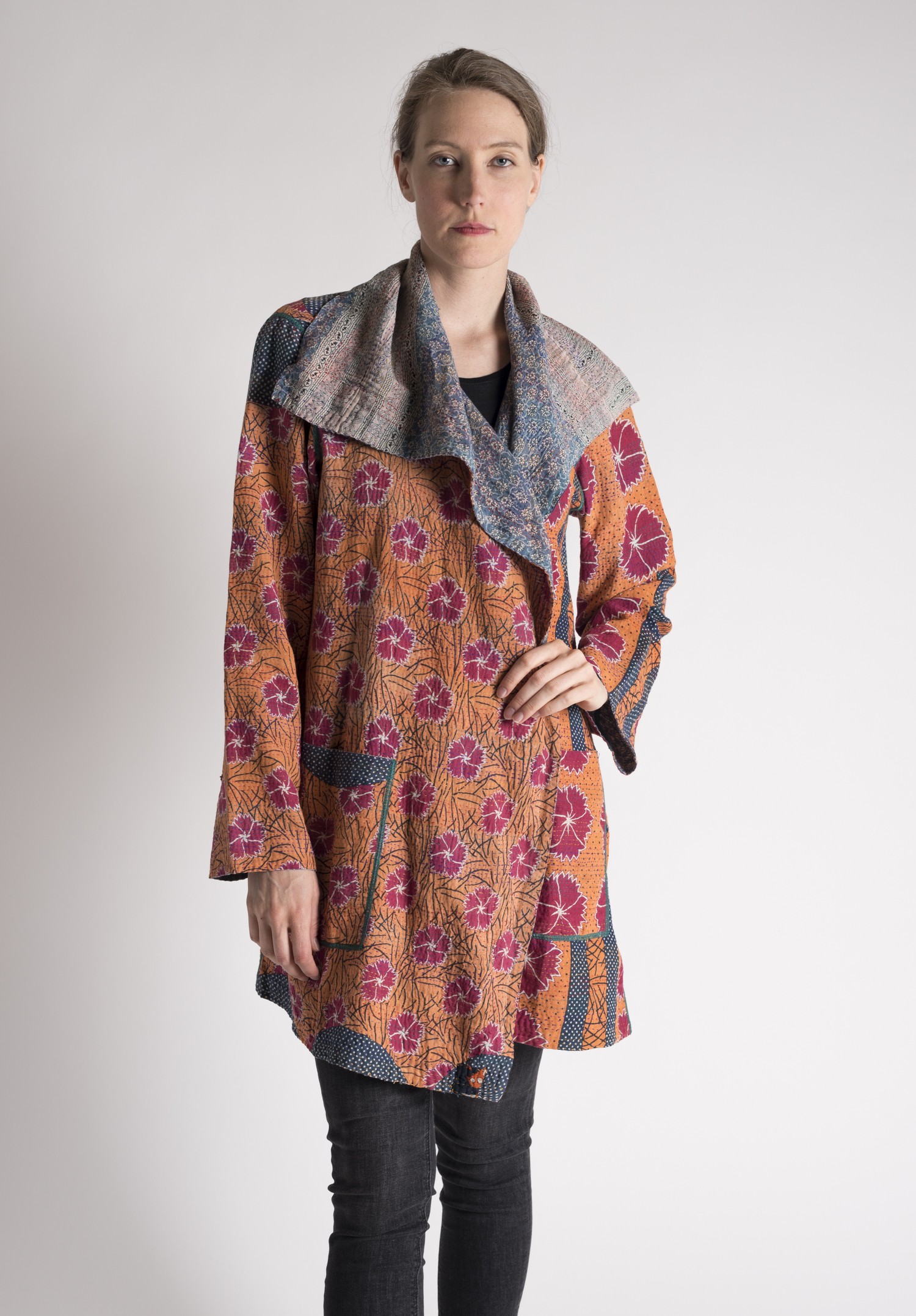 Mieko Mintz Floral Patterned Double Layer Pocket Kantha Coat in Spruce ...