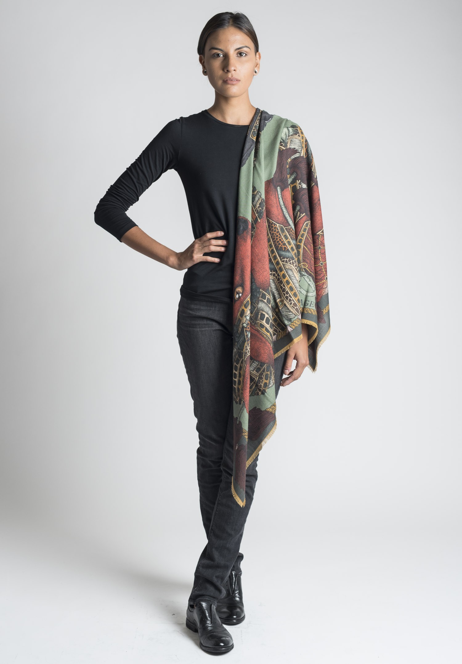 Sabina Savage Dancing Fox Shawl in Emerald & Gold Santa Sabina Savage Dancing Fox Shawl in Emerald & Gold Santa