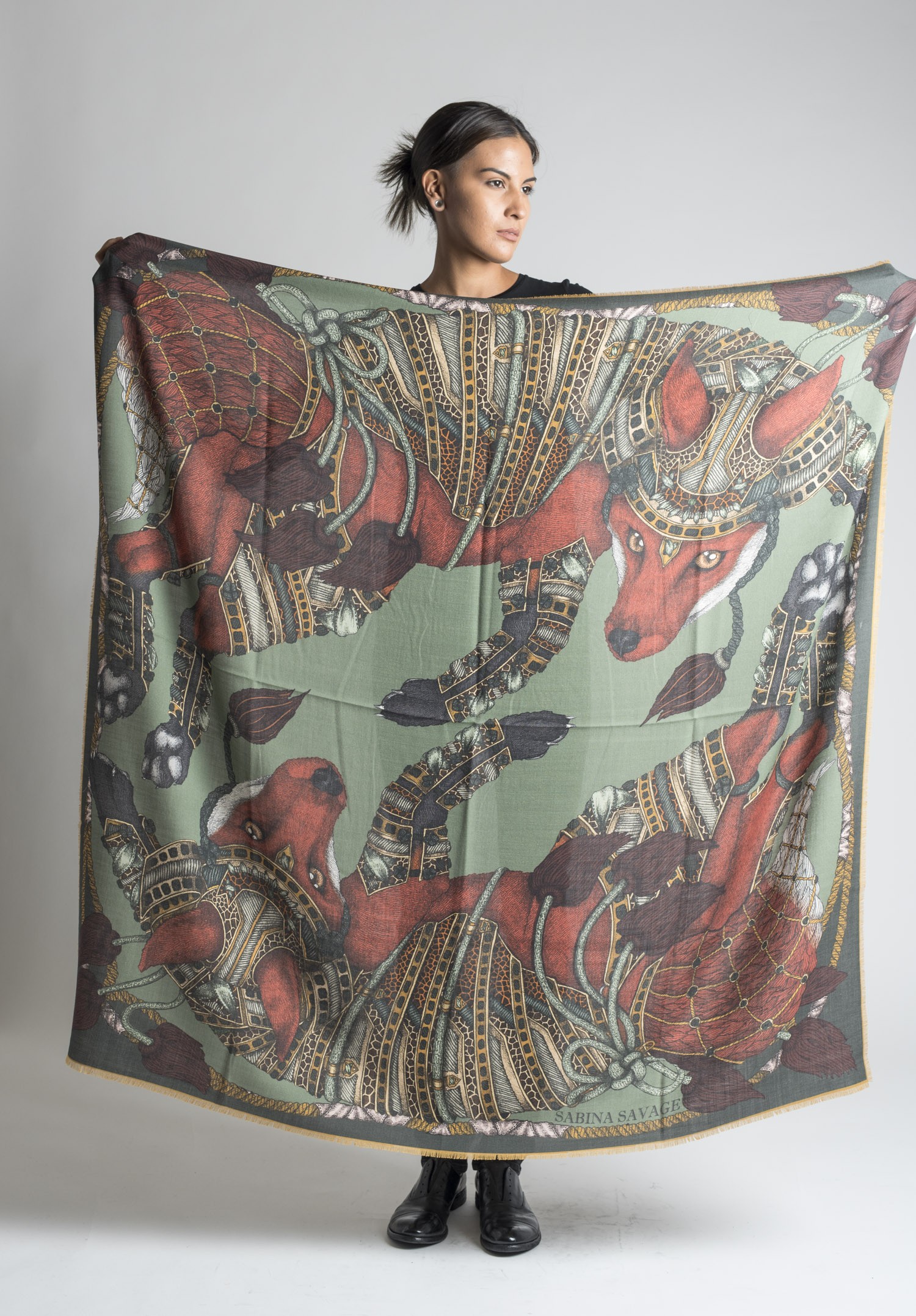 Sabina Savage Dancing Fox Shawl in Emerald & Gold Santa Sabina Savage Dancing Fox Shawl in Emerald & Gold Santa