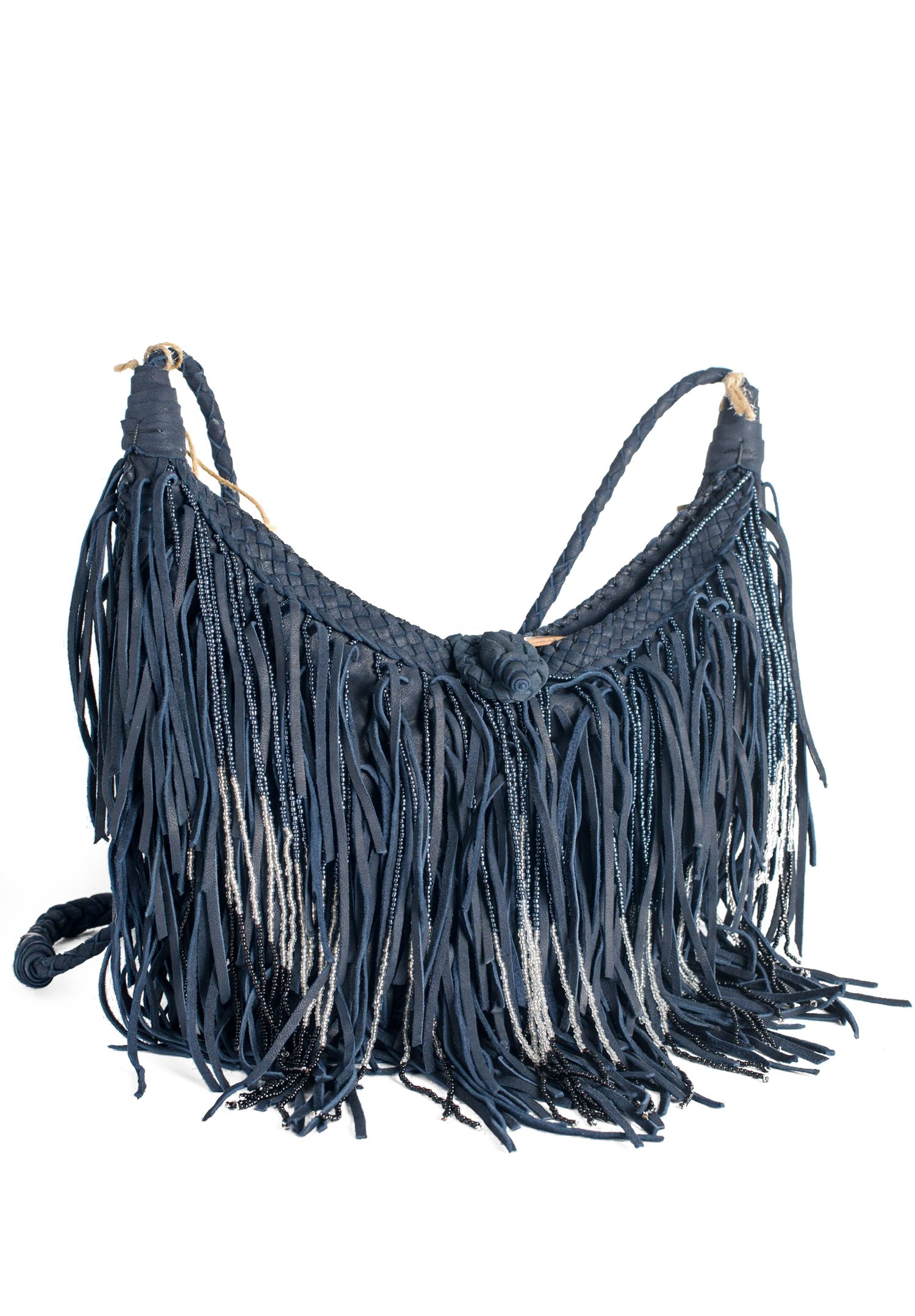En Shalla Waxed Fringe Beaded Bag with Handle in Blue | Santa Fe Dry ...