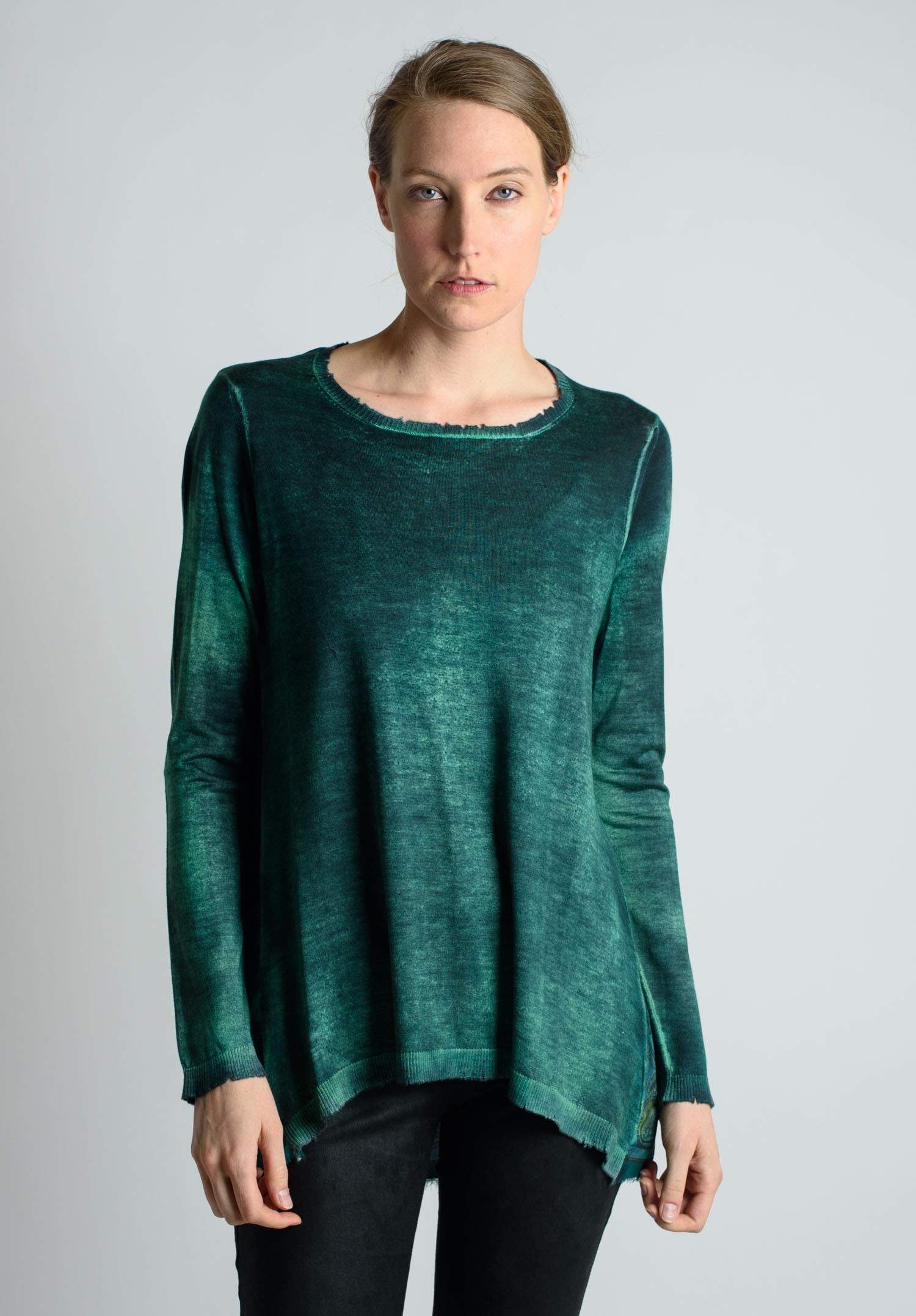 Avant Toi Light Cashmere Sweater with Graphic Silk Back in Emerald ...