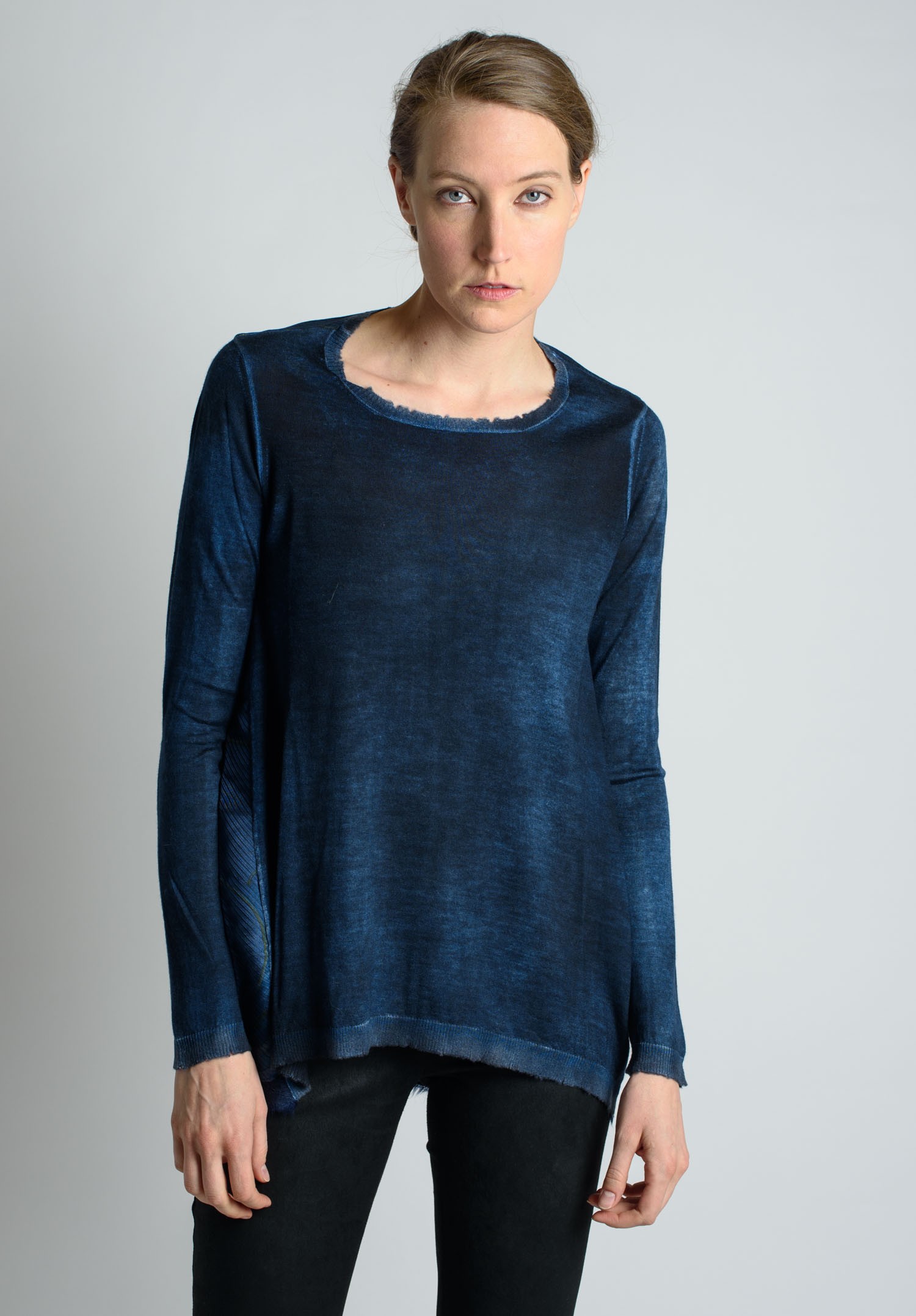 Avant Toi Light Cashmere Sweater with Graphic Silk Back in Blue Ink ...