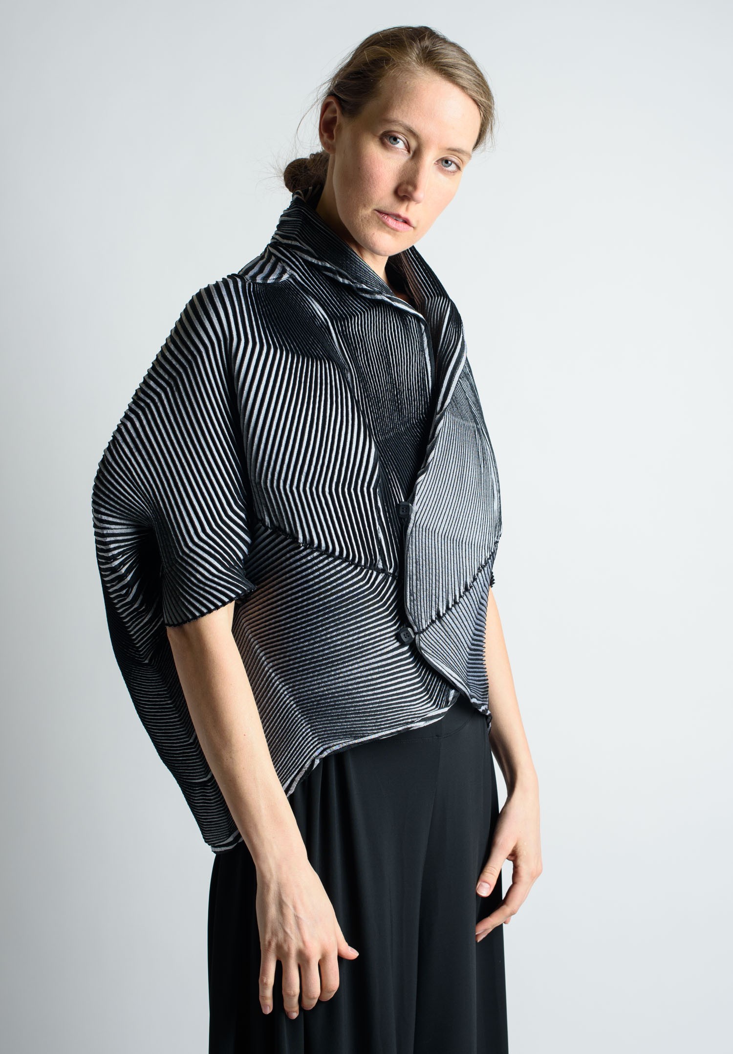 Issey Miyake Structured Pleated Cocoon Jacket in Black/Grey | Santa Fe ...