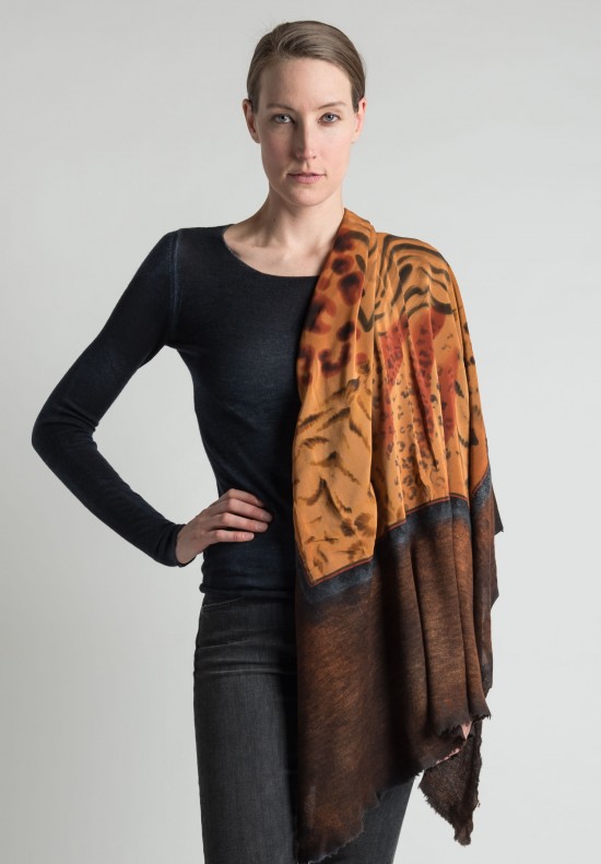 Avant Toi Cashmere/Silk Animal Print Scarf in Brown