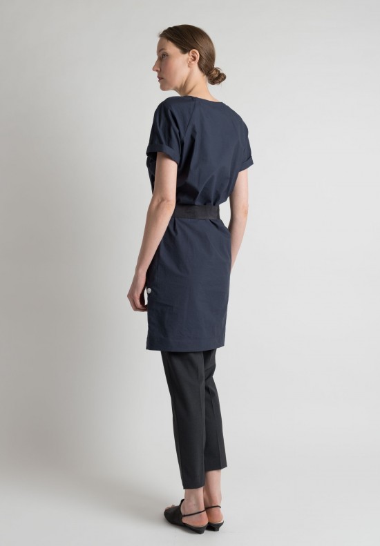 Brunello Cucinelli Cotton V-Neck Short Sleeve Belted Day Dress in Navy