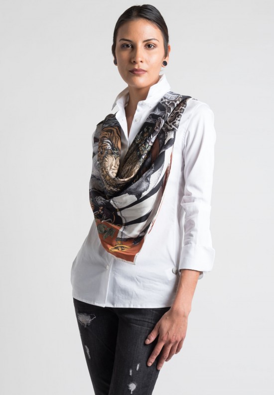 Sabina Savage Fauna Exotica Silk Scarf in Brick & Black